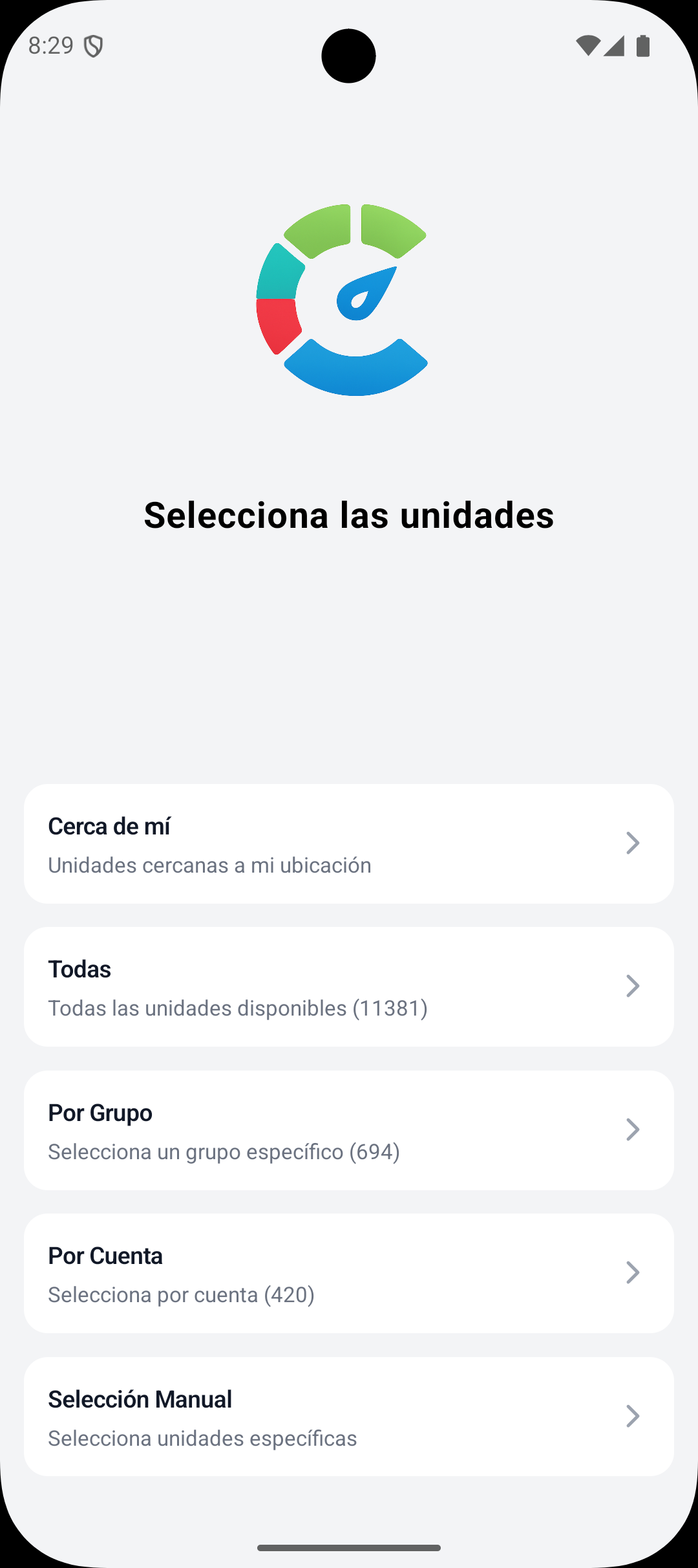 Menú de selección de unidades