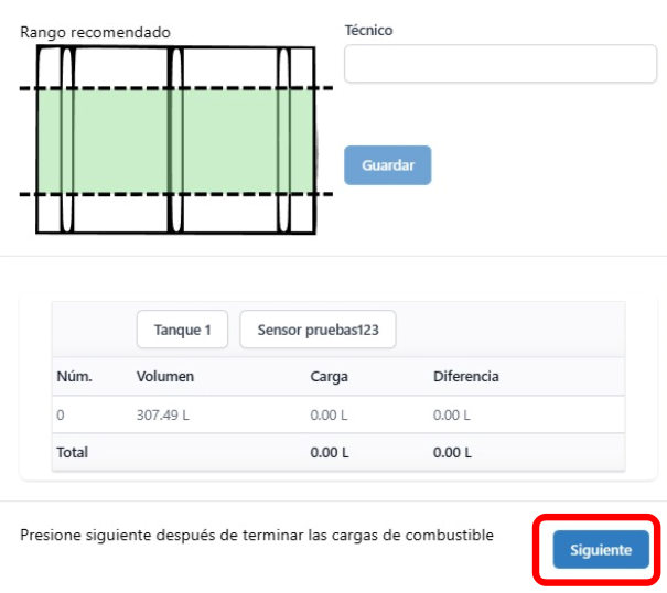 Botón para continuar posterior a la carga de combustible