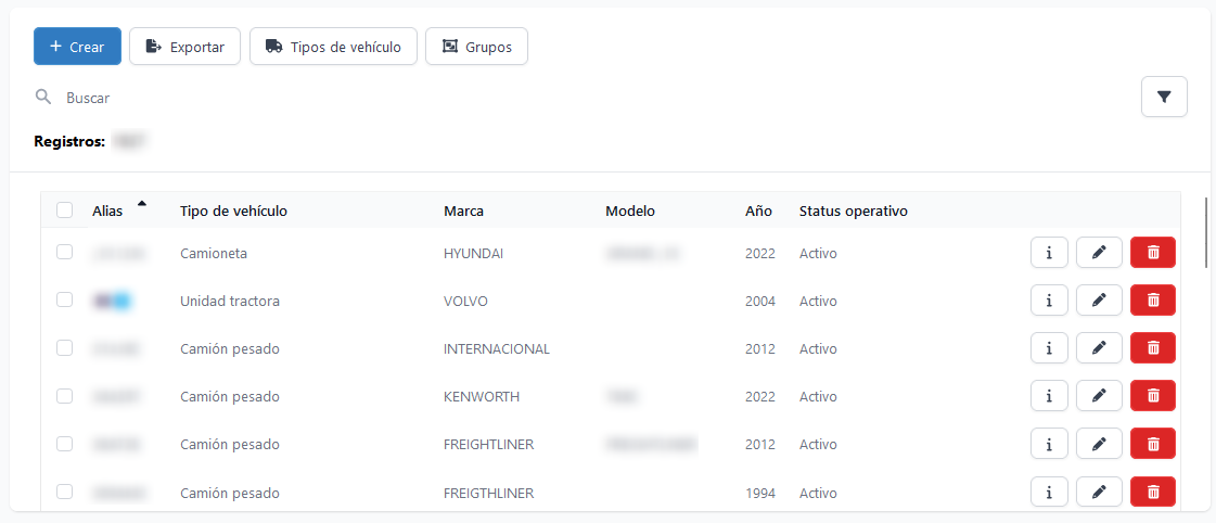 Página de tabla de vehículos