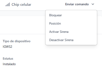 Menu de selección de comando a enviar