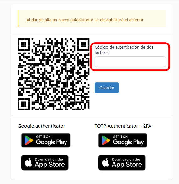 Campo para el código de autenticación