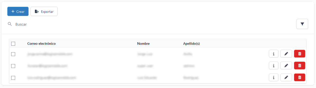 Página de tabla de usuarios