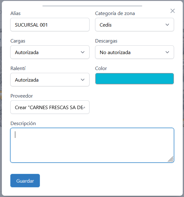 Formulario de modificación de zona