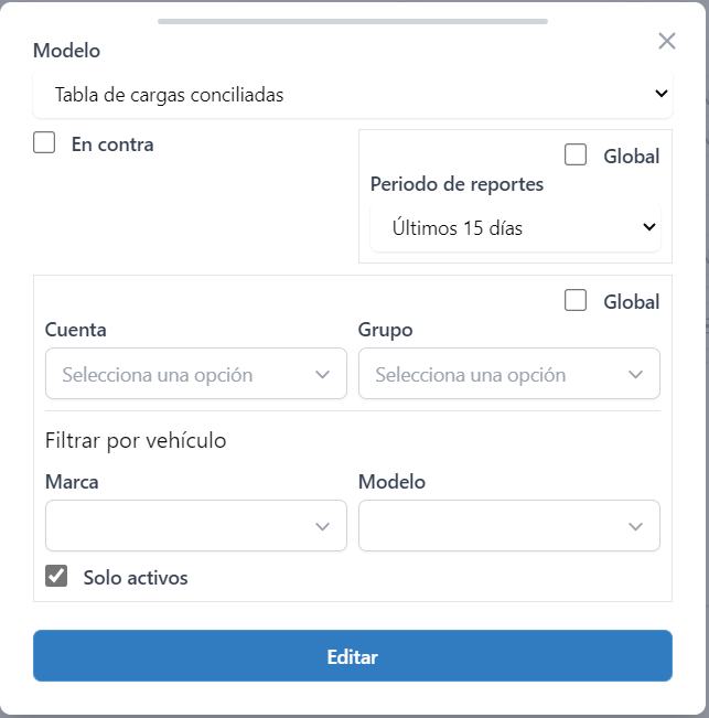 Configuración de tabla de cargas conciliadas